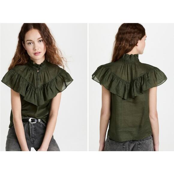 FRAME Green Ruffle Flounce Top in Fatigue Small - Picture 2 of 7